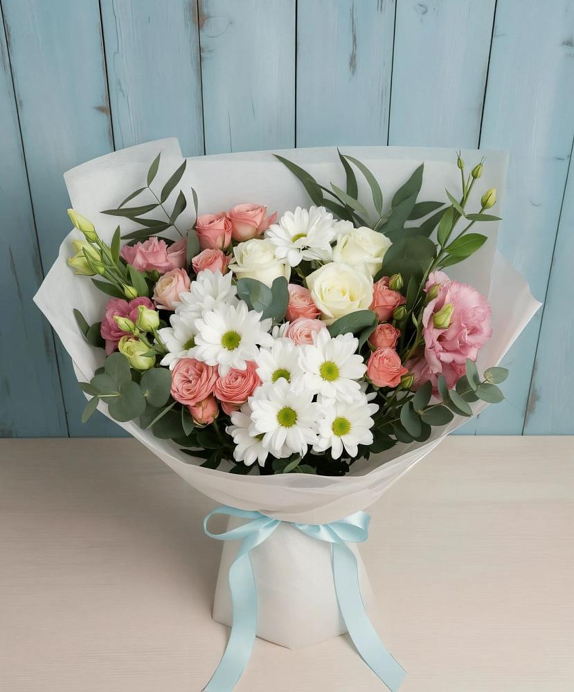 Букет цветов из: Розы, Лизиантусы и Хризантемы в Чулки-Соколово