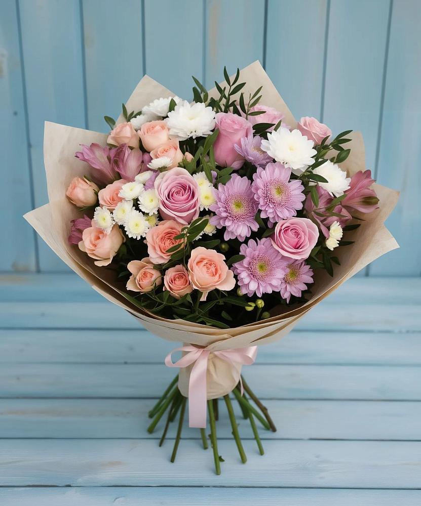 Букет цветов из: Хризантемы, Розы и Альстромерии в Чулки-Соколово