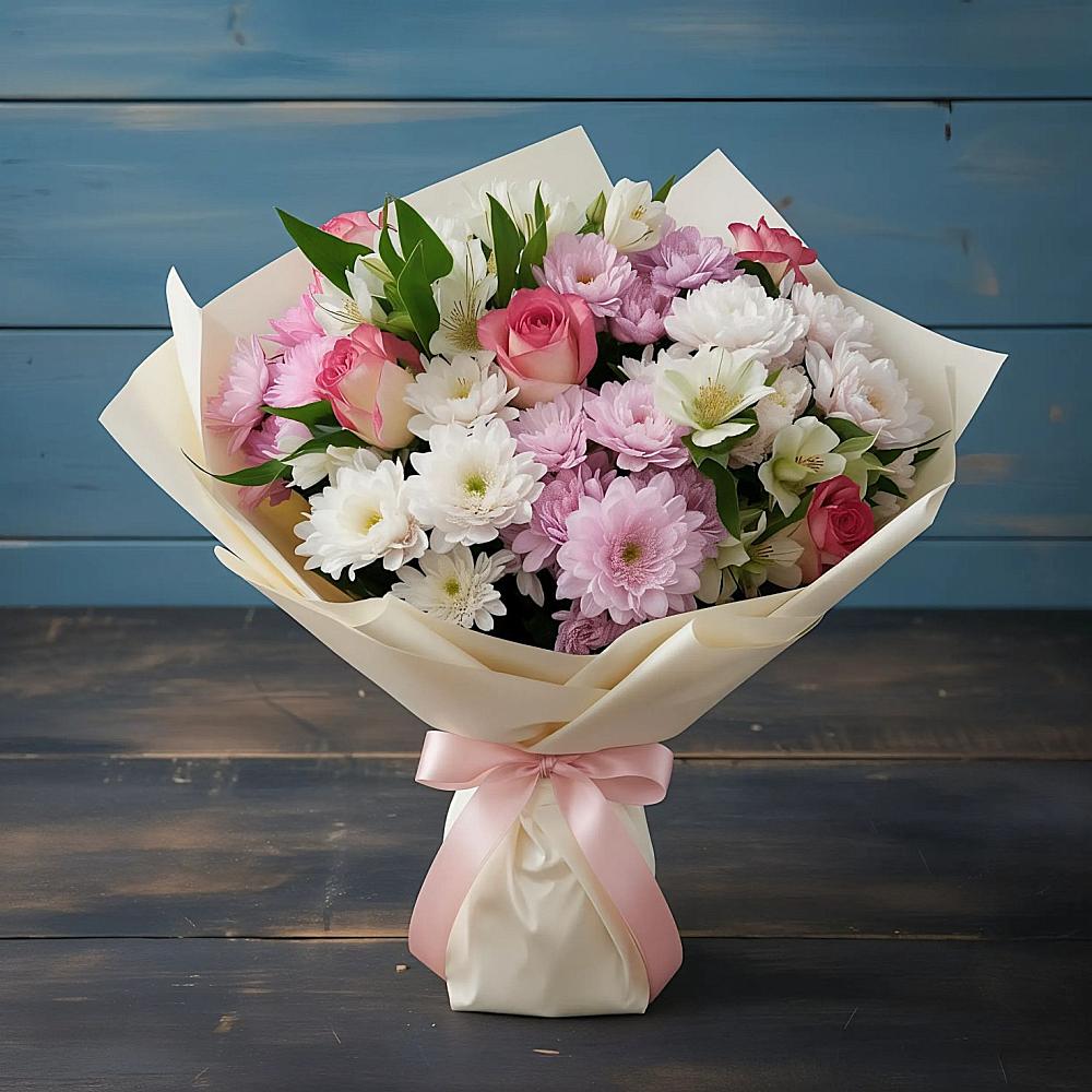 Букет цветов из: Хризантемы, Альстромерии и Розы в Чулки-Соколово